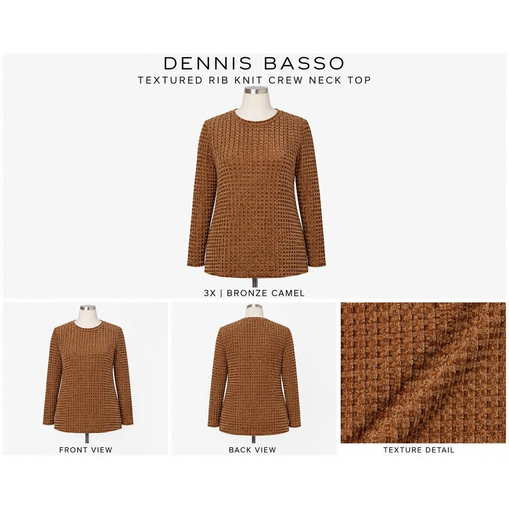 Dennis Basso Bronze Camel Textured Rib Knit Crew‎ Neck Top Plus 3X Long Sleeve
